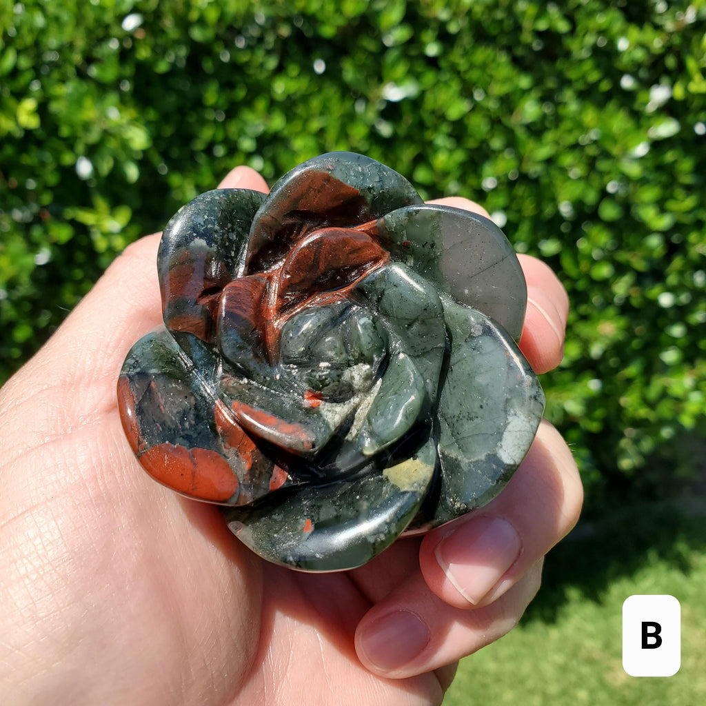 Chunky African Bloodstone Rosebud Bloom - Calming, Grounding, Persistence, Courage - Black and Red Crystal Flower Carving Healing Gemstone