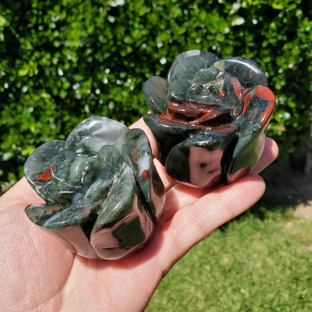 Chunky African Bloodstone Rosebud Bloom - Calming, Grounding, Persistence, Courage - Black and Red Crystal Flower Carving Healing Gemstone