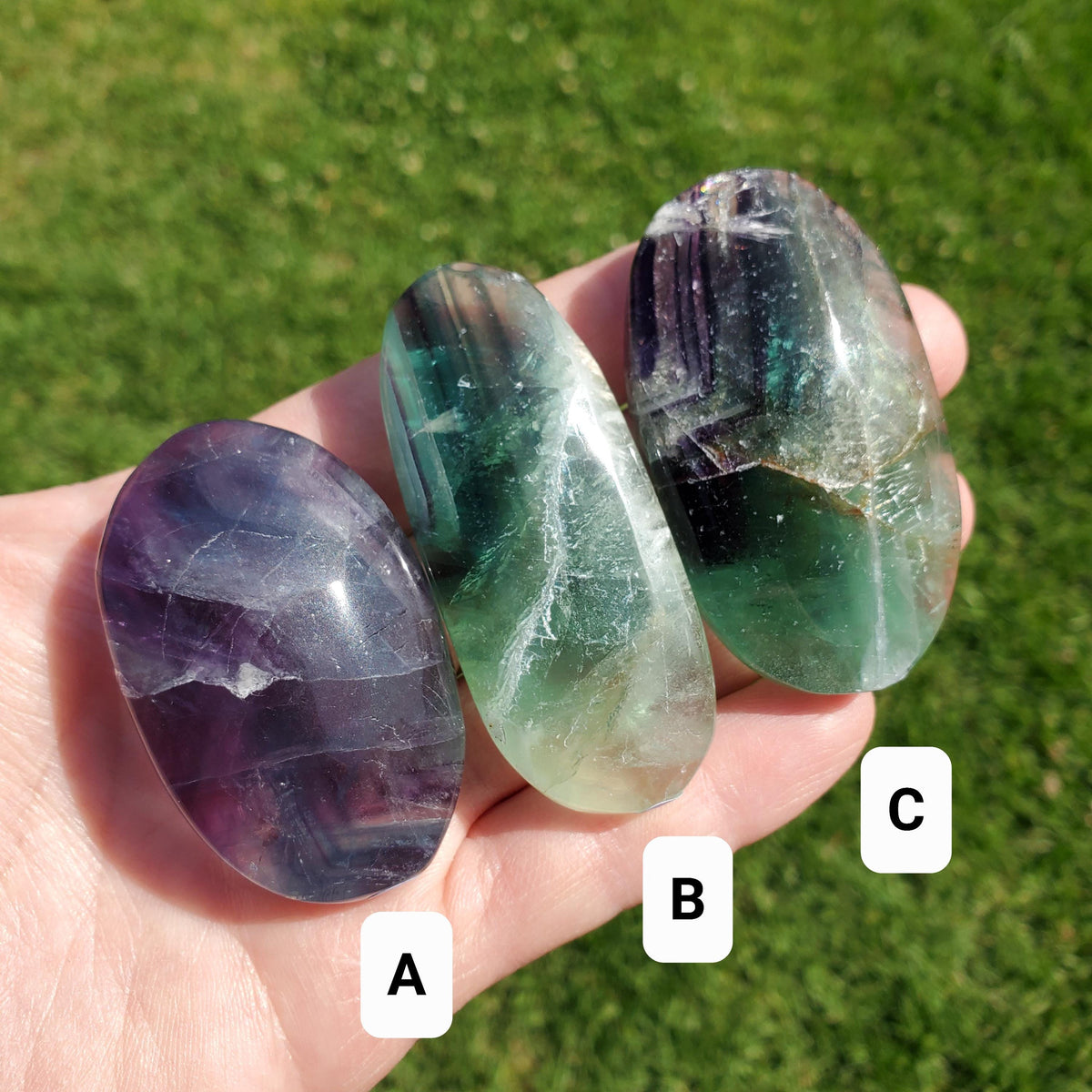 Rainbow Fluorite Palm Stone - Stability, Concentration, Protection - Banded Fluorite Healing Balancing Crystals Gemstones
