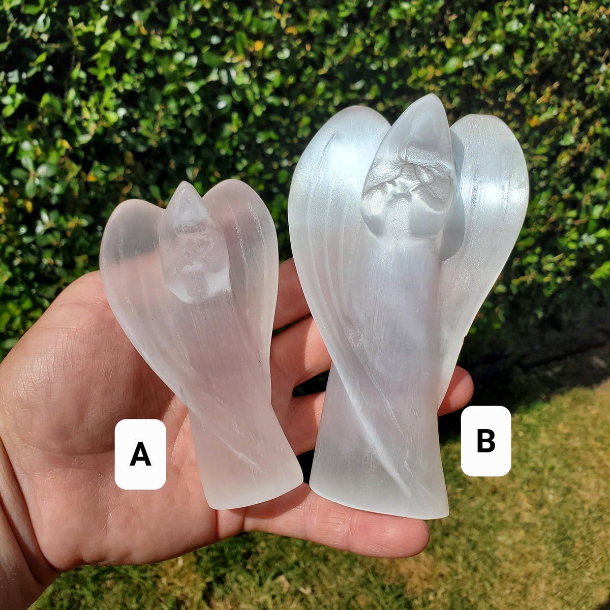 Selenite Angel Accent Lamp 4.75" or 6" tall - Tranquility, Blessings, Love & Light - Satin Spar Statement Angel Light with Wood Stand