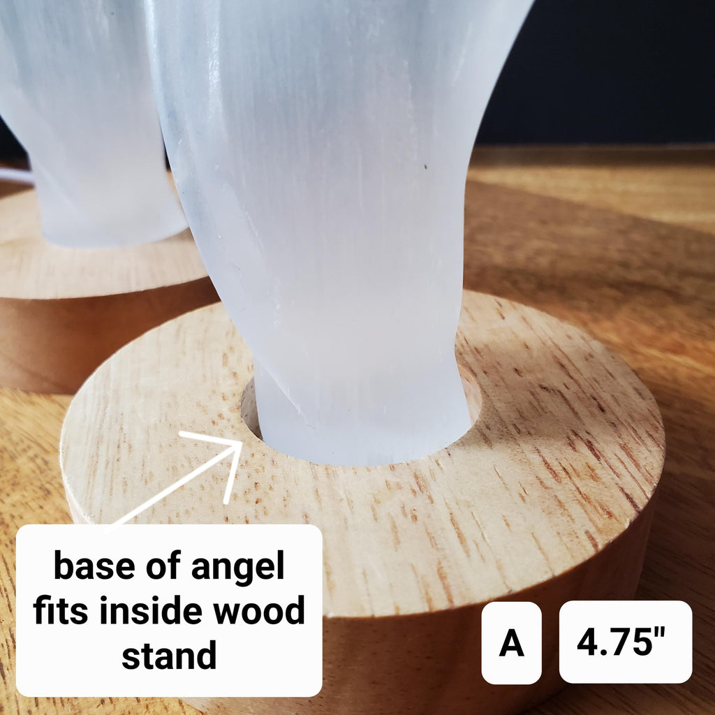 Selenite Angel Accent Lamp 4.75" or 6" tall - Tranquility, Blessings, Love & Light - Satin Spar Statement Angel Light with Wood Stand