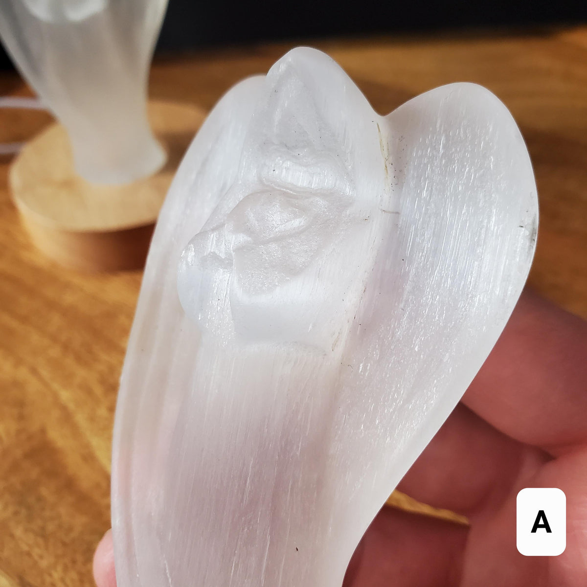 Selenite Angel Accent Lamp 4.75" or 6" tall - Tranquility, Blessings, Love & Light - Satin Spar Statement Angel Light with Wood Stand