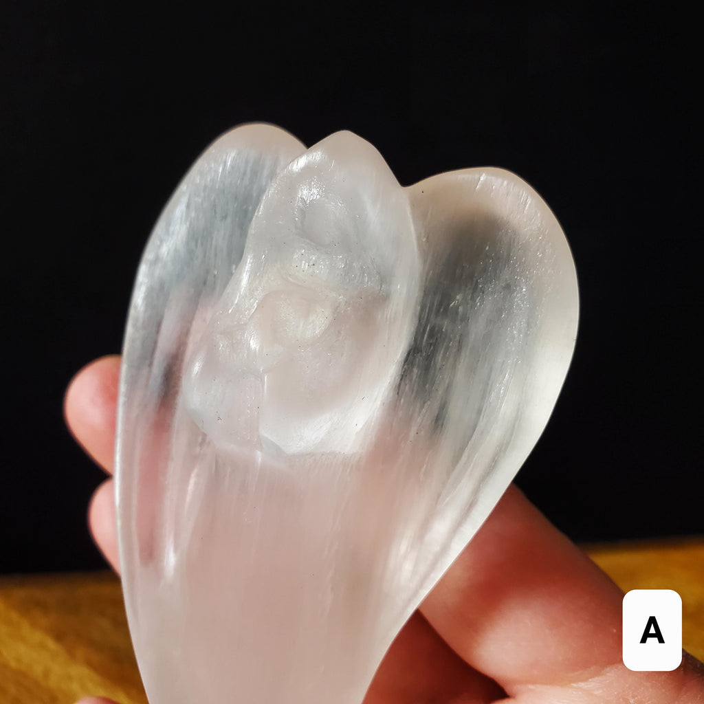 Selenite Angel Accent Lamp 4.75" or 6" tall - Tranquility, Blessings, Love & Light - Satin Spar Statement Angel Light with Wood Stand