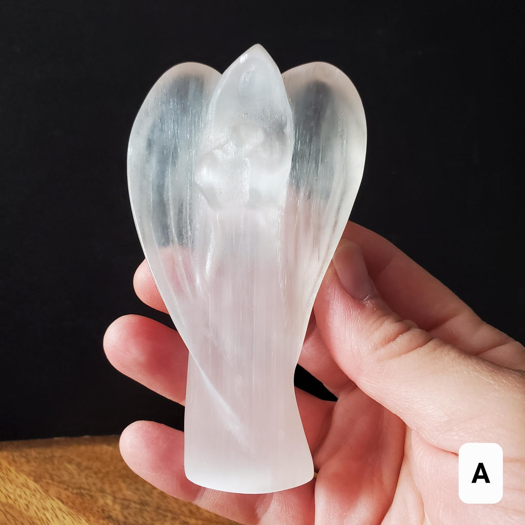 Selenite Angel Accent Lamp 4.75" or 6" tall - Tranquility, Blessings, Love & Light - Satin Spar Statement Angel Light with Wood Stand