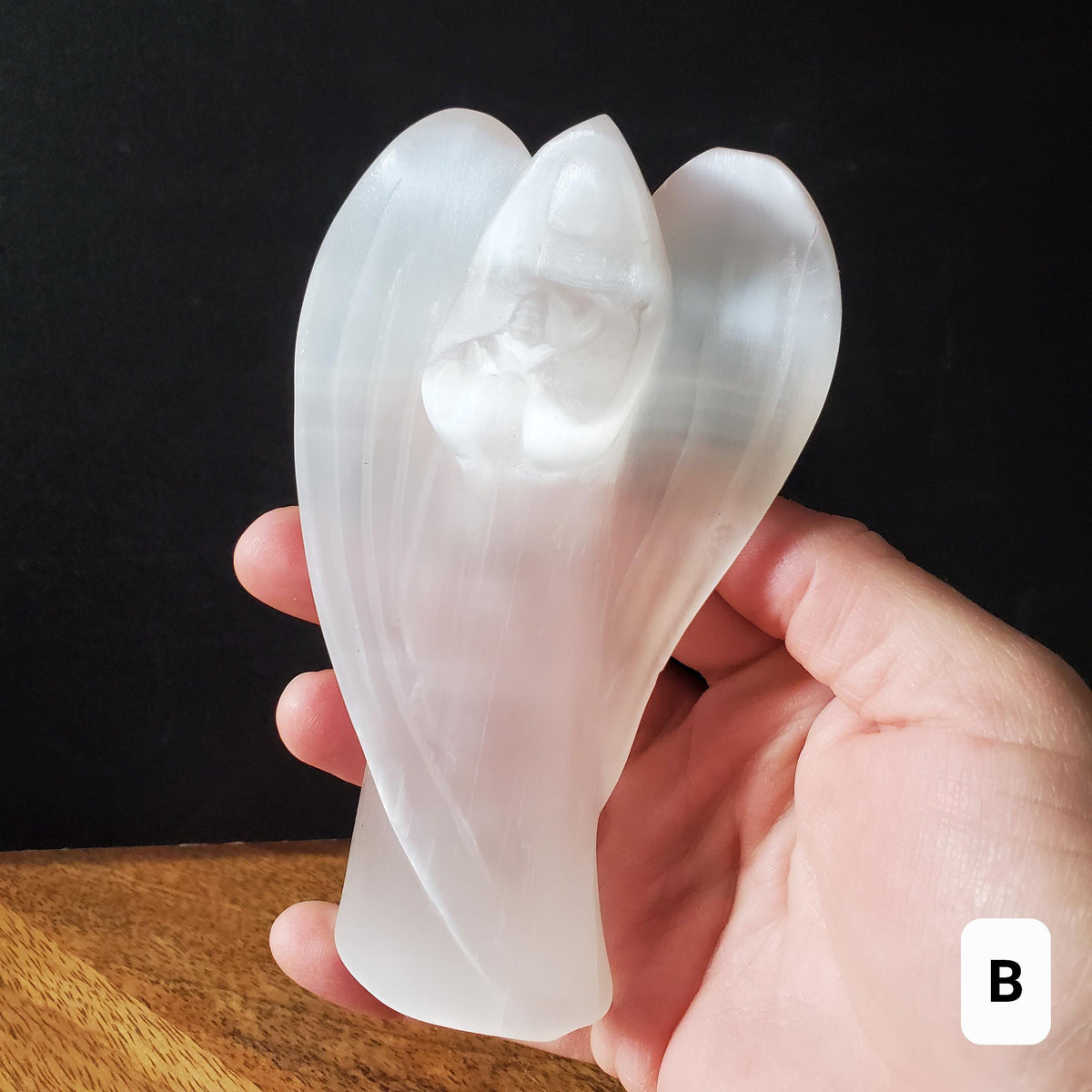 Selenite Angel Accent Lamp 4.75" or 6" tall - Tranquility, Blessings, Love & Light - Satin Spar Statement Angel Light with Wood Stand