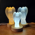 Selenite Angel Accent Lamp 4.75" or 6" tall - Tranquility, Blessings, Love & Light - Satin Spar Statement Angel Light with Wood Stand
