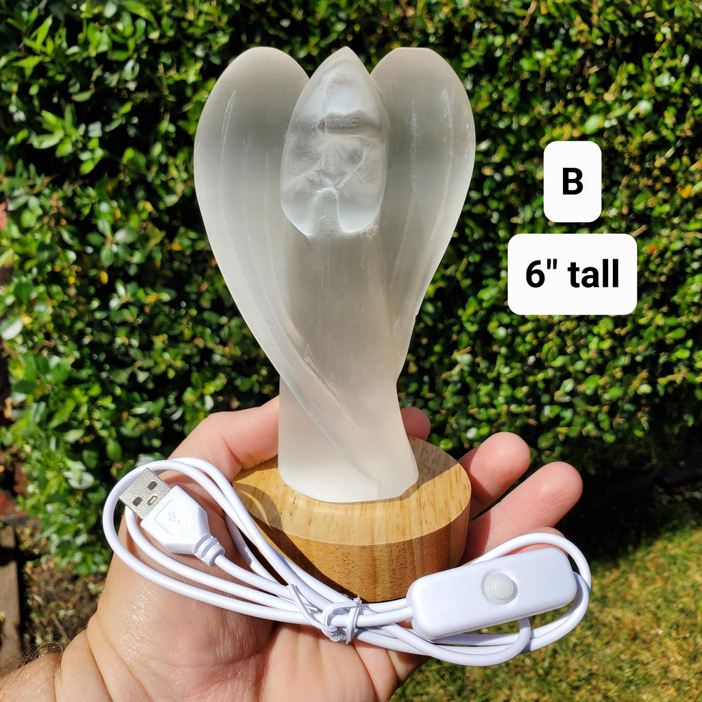 Selenite Angel Accent Lamp 4.75" or 6" tall - Tranquility, Blessings, Love & Light - Satin Spar Statement Angel Light with Wood Stand