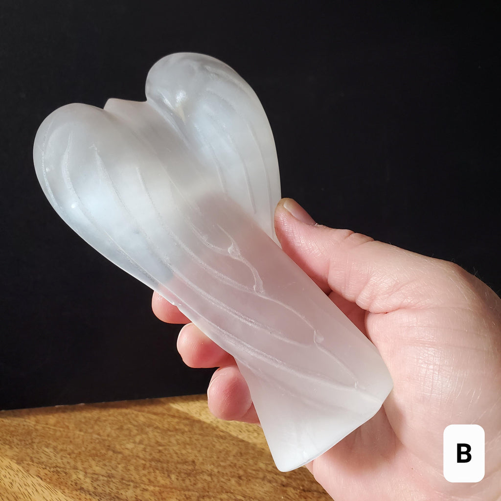 Selenite Angel Accent Lamp 4.75" or 6" tall - Tranquility, Blessings, Love & Light - Satin Spar Statement Angel Light with Wood Stand