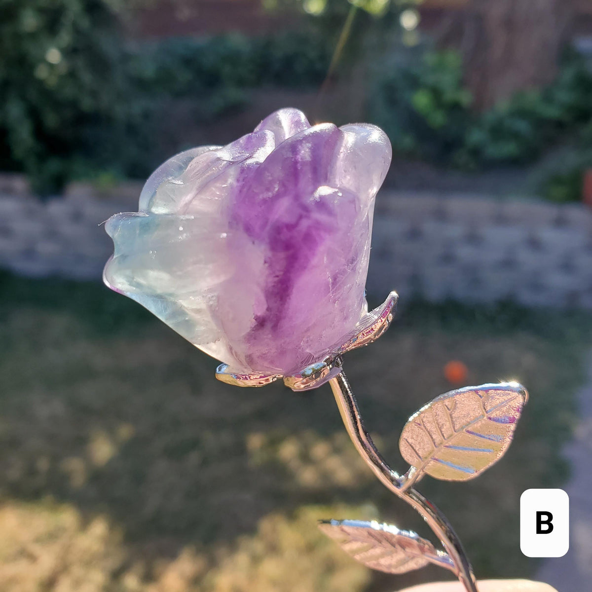 Rainbow Fluorite Rose on Stem - Mental Clarity, Positivity, Energetic Protection - 6" Long Open Bloom Crystal Rose Decor