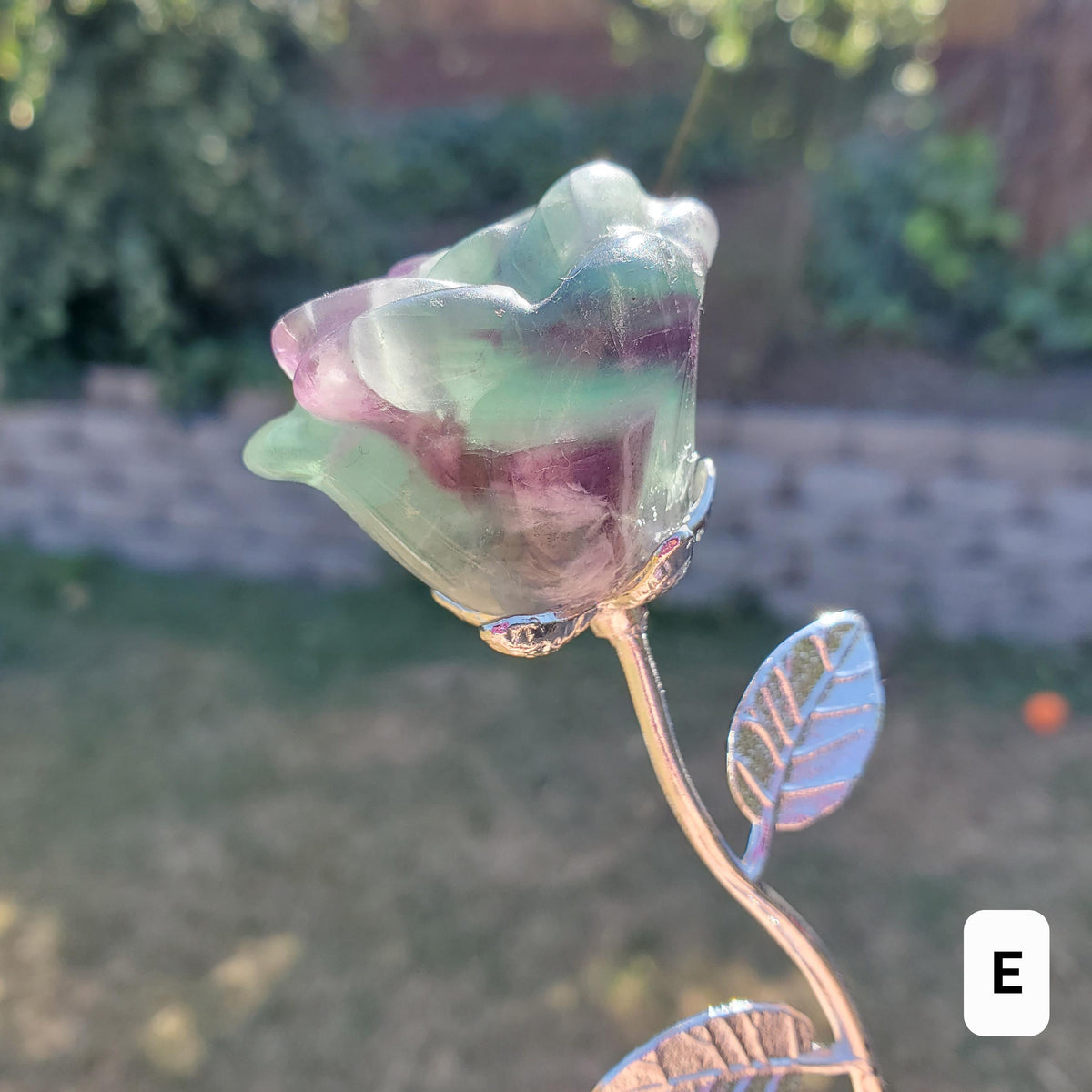 Rainbow Fluorite Rose on Stem - Mental Clarity, Positivity, Energetic Protection - 6" Long Open Bloom Crystal Rose Decor