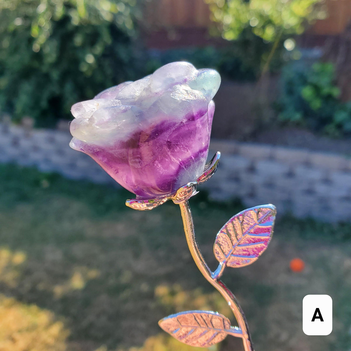 Rainbow Fluorite Rose on Stem - Mental Clarity, Positivity, Energetic Protection - 6" Long Open Bloom Crystal Rose Decor