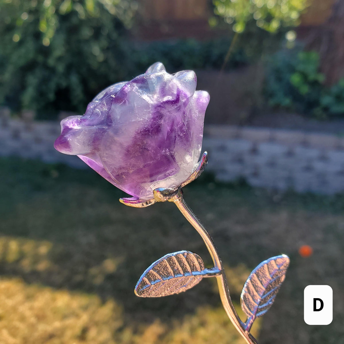Rainbow Fluorite Rose on Stem - Mental Clarity, Positivity, Energetic Protection - 6" Long Open Bloom Crystal Rose Decor