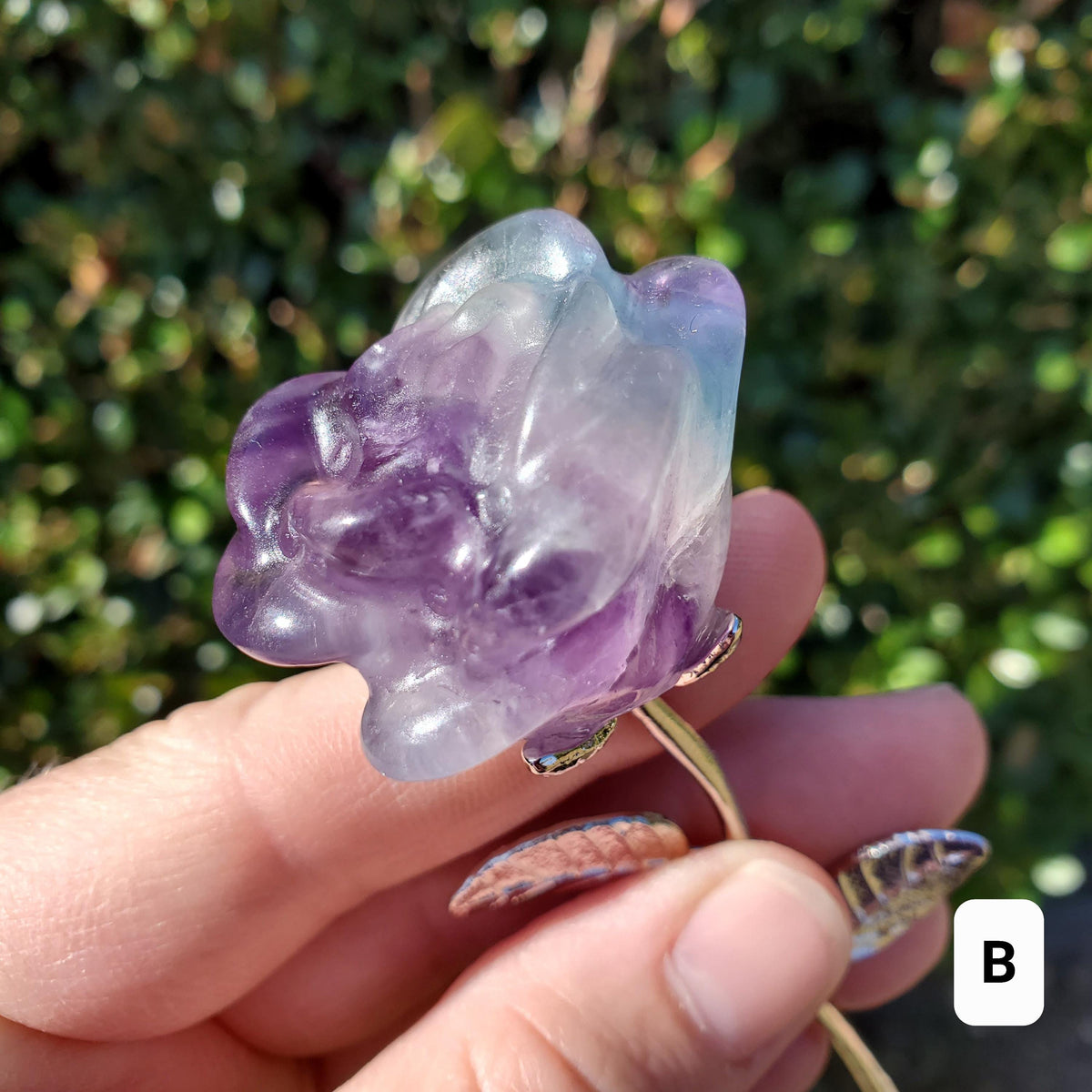 Rainbow Fluorite Rose on Stem - Mental Clarity, Positivity, Energetic Protection - 6" Long Open Bloom Crystal Rose Decor
