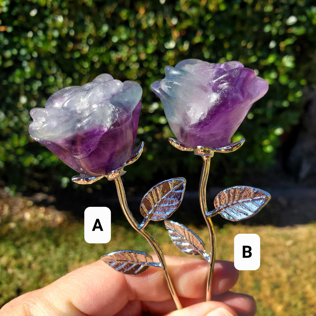 Rainbow Fluorite Rose on Stem - Mental Clarity, Positivity, Energetic Protection - 6" Long Open Bloom Crystal Rose Decor