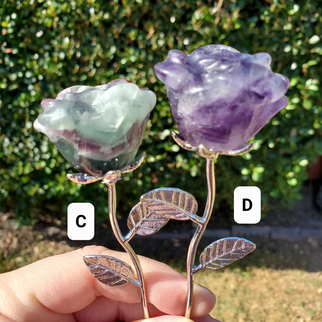 Rainbow Fluorite Rose on Stem - Mental Clarity, Positivity, Energetic Protection - 6" Long Open Bloom Crystal Rose Decor