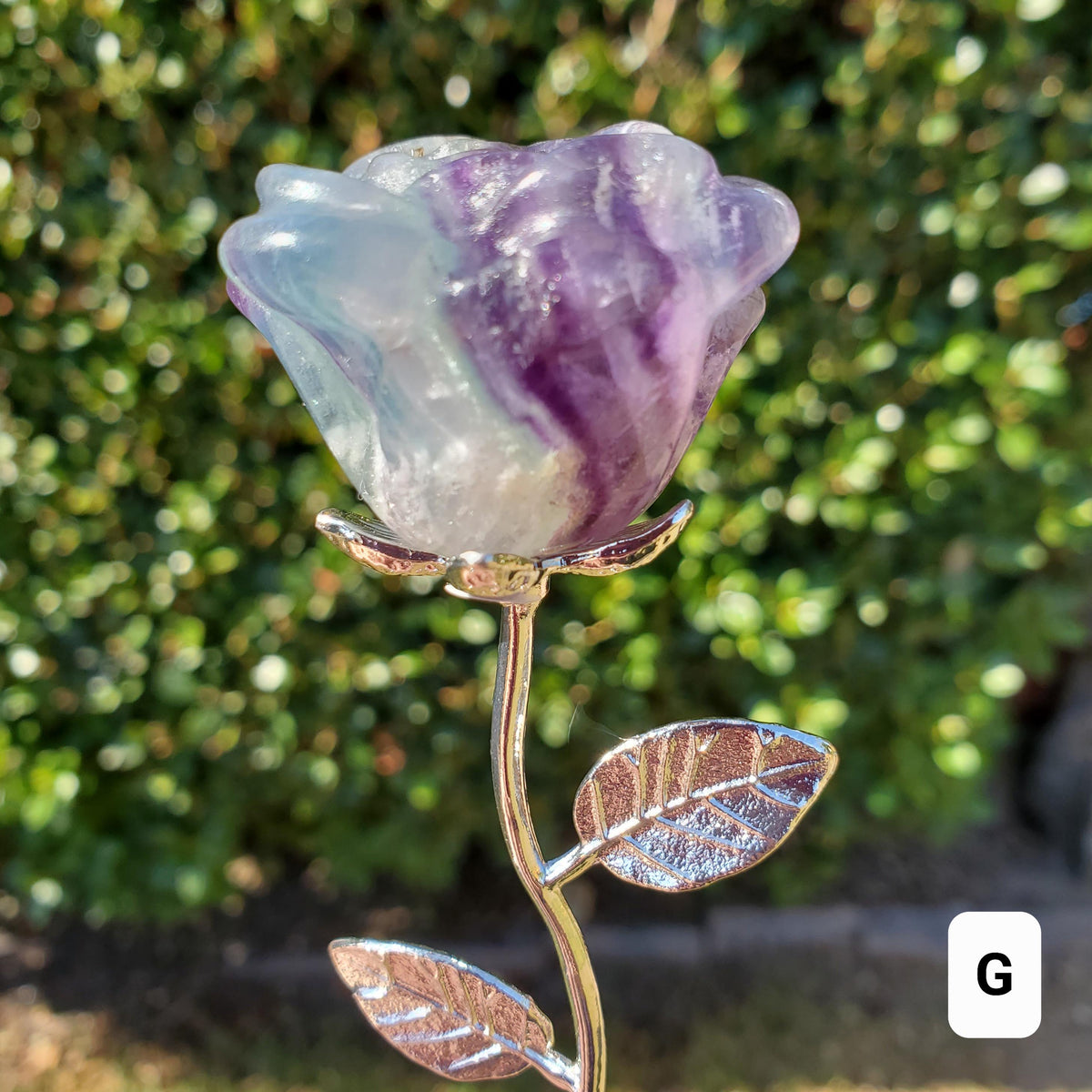 Rainbow Fluorite Rose on Stem - Mental Clarity, Positivity, Energetic Protection - 6" Long Open Bloom Crystal Rose Decor