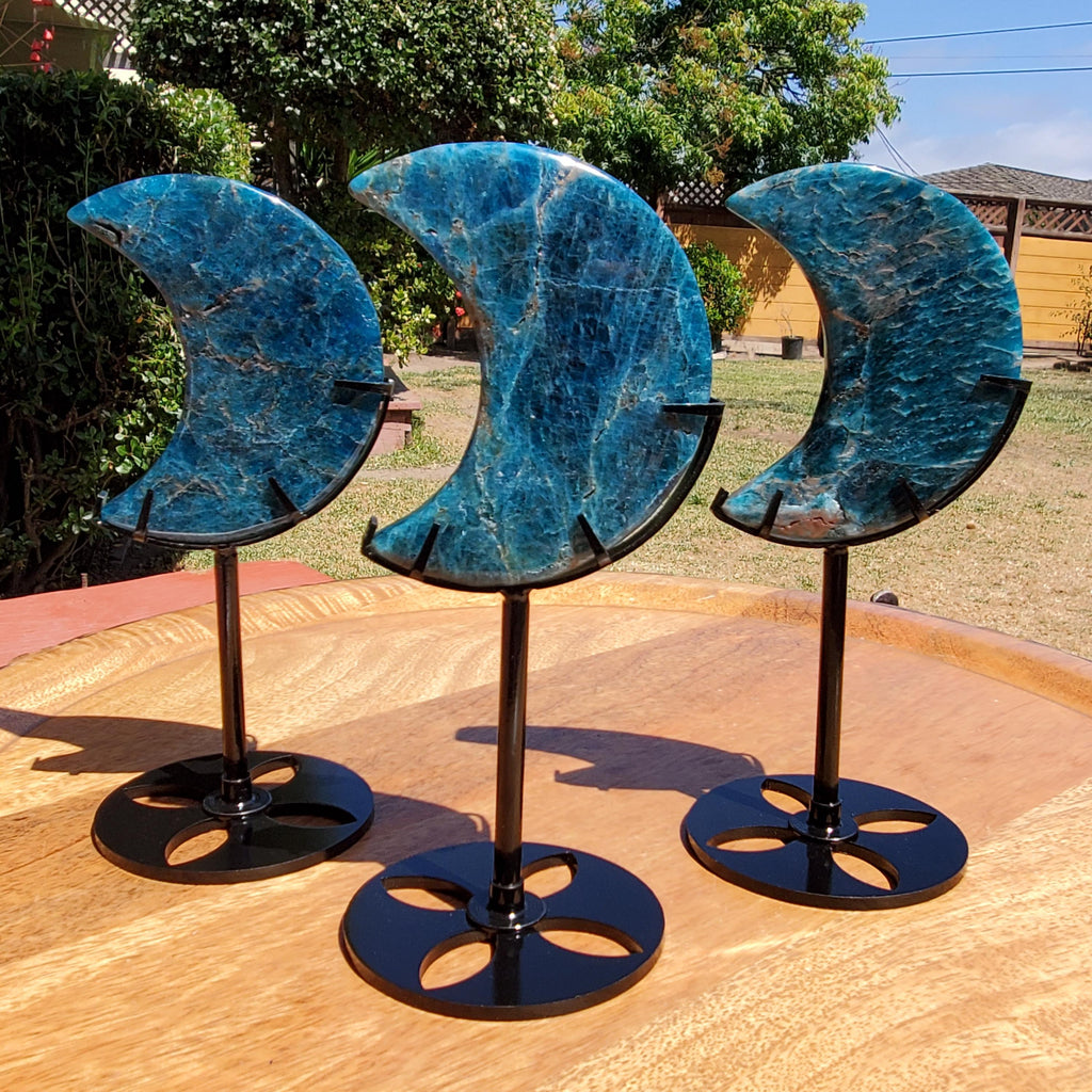 Blue Apatite Moon on Stand - Intuition, Mental Clarity, Manifestation - Blue Vein Crystal Crescent Stone Crystal Statement