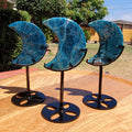 Blue Apatite Moon on Stand - Intuition, Mental Clarity, Manifestation - Blue Vein Crystal Crescent Stone Crystal Statement