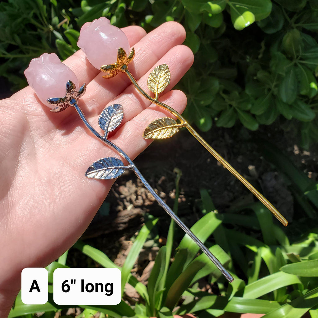 Rose Quartz Long Stem Rose 6" to 9" - Unconditional Love, Compassion, Self Love - Pink Crystal Rose Bud with Silver or Gold Metal Stem