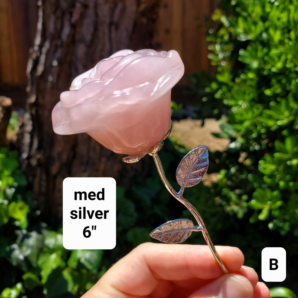 Rose Quartz Long Stem Rose 6" to 9" - Unconditional Love, Compassion, Self Love - Pink Crystal Rose Bud with Silver or Gold Metal Stem