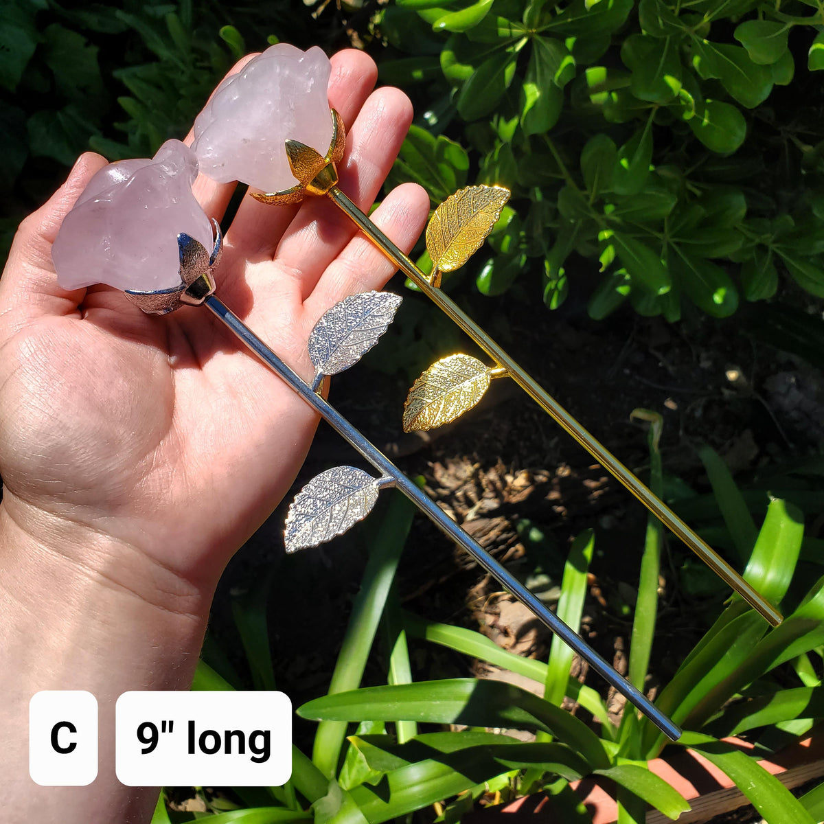 Rose Quartz Long Stem Rose 6" to 9" - Unconditional Love, Compassion, Self Love - Pink Crystal Rose Bud with Silver or Gold Metal Stem