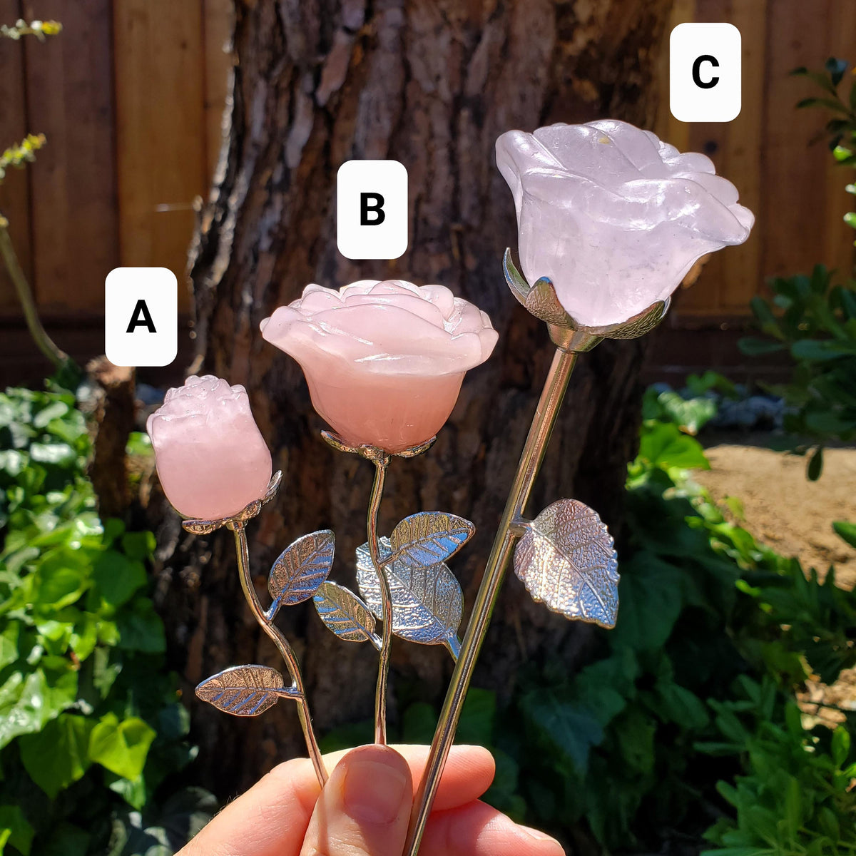 Rose Quartz Long Stem Rose 6" to 9" - Unconditional Love, Compassion, Self Love - Pink Crystal Rose Bud with Silver or Gold Metal Stem