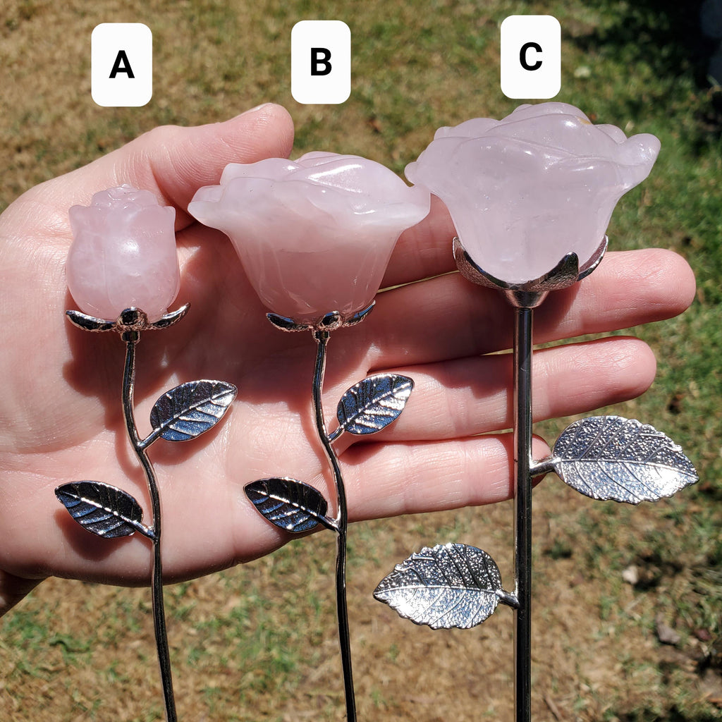 Rose Quartz Long Stem Rose 6" to 9" - Unconditional Love, Compassion, Self Love - Pink Crystal Rose Bud with Silver or Gold Metal Stem