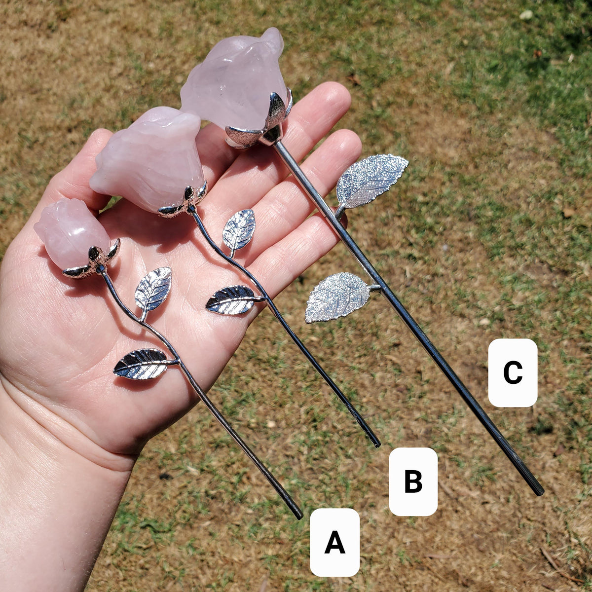 Rose Quartz Long Stem Rose 6" to 9" - Unconditional Love, Compassion, Self Love - Pink Crystal Rose Bud with Silver or Gold Metal Stem