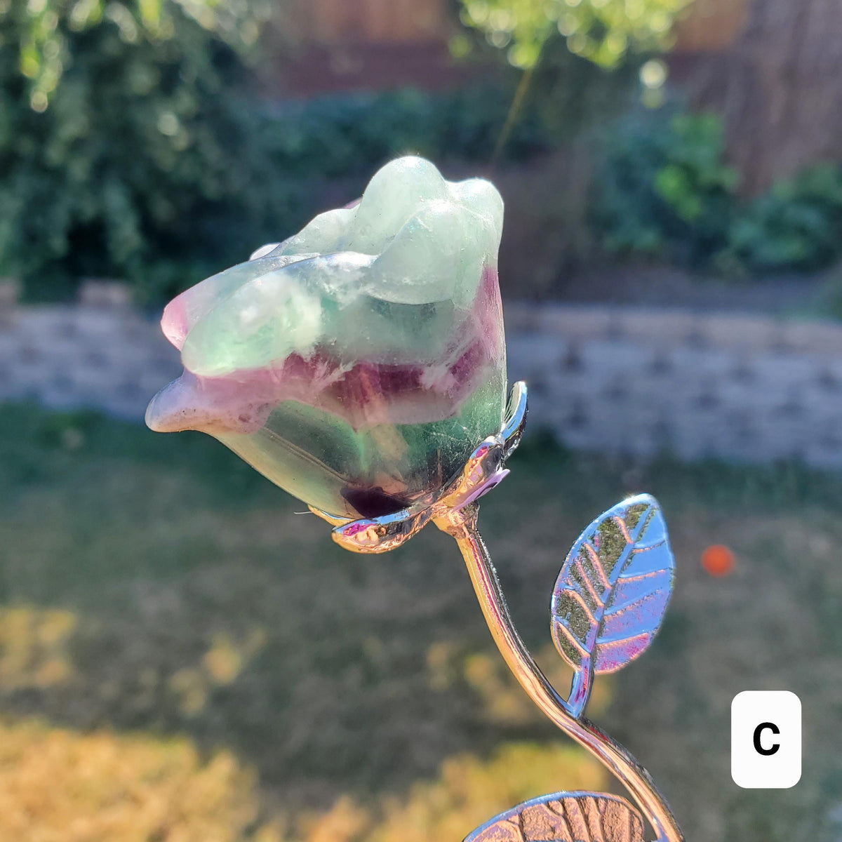 Rainbow Fluorite Rose on Stem - Mental Clarity, Positivity, Energetic Protection - 6" Long Open Bloom Crystal Rose Decor