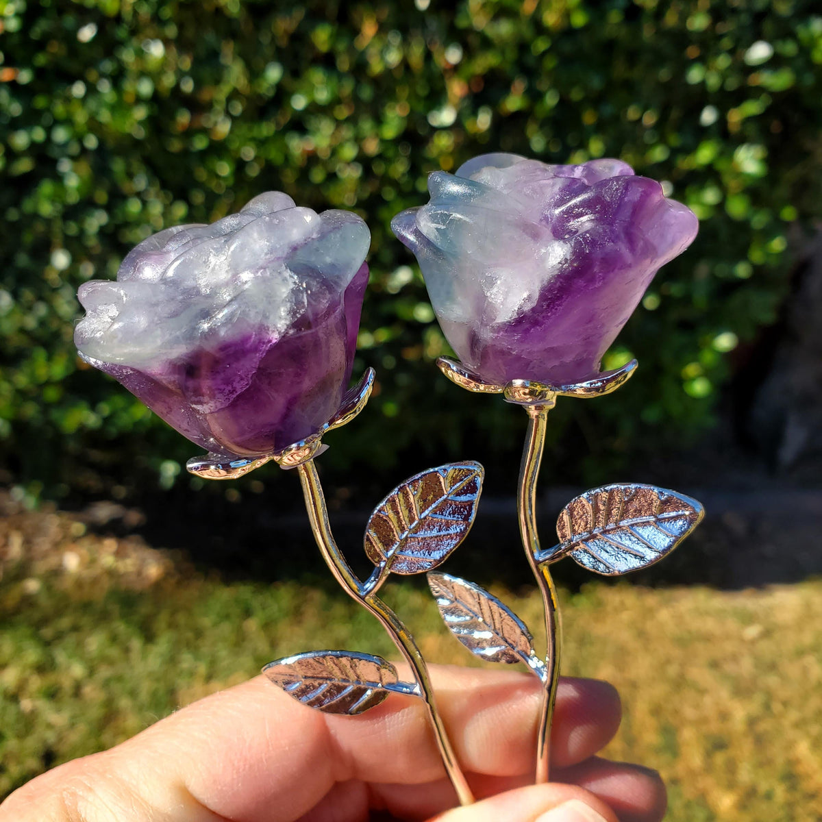 Rainbow Fluorite Rose on Stem - Mental Clarity, Positivity, Energetic Protection - 6" Long Open Bloom Crystal Rose Decor