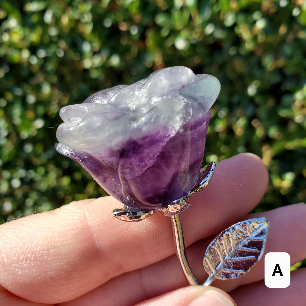 Rainbow Fluorite Rose on Stem - Mental Clarity, Positivity, Energetic Protection - 6" Long Open Bloom Crystal Rose Decor