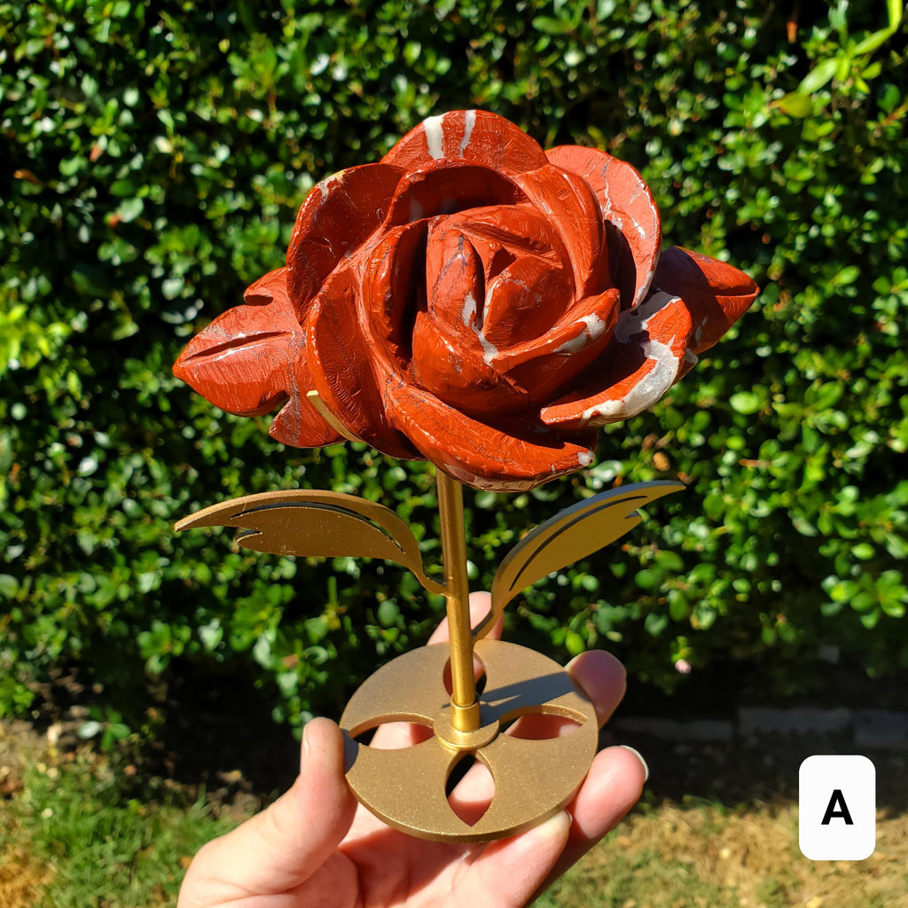 Red Jasper Rose on Gold Stand - Cellular Healing, Creativity, Reflection, Patience - Red Rose Crystal Stone Healing Gemstone Statement