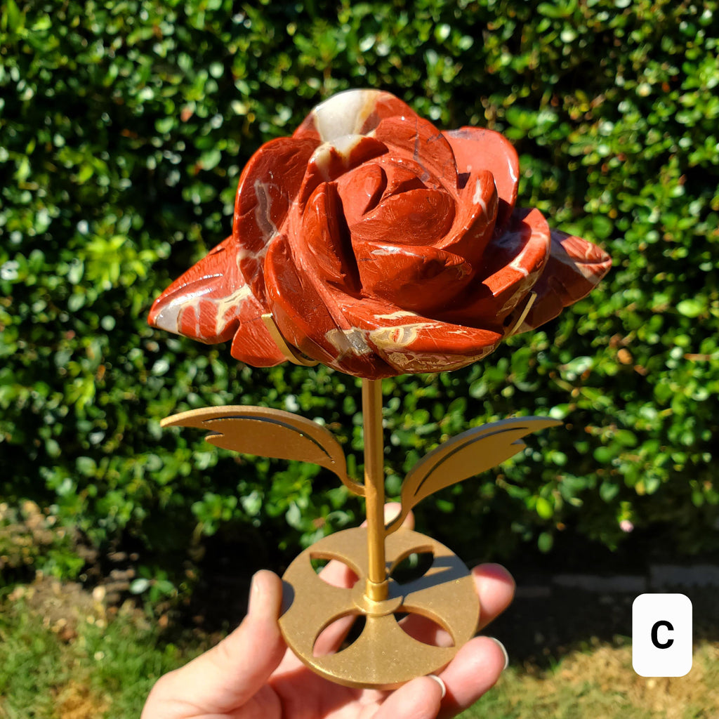Red Jasper Rose on Gold Stand - Cellular Healing, Creativity, Reflection, Patience - Red Rose Crystal Stone Healing Gemstone Statement