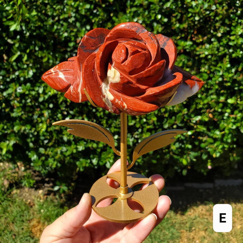 Red Jasper Rose on Gold Stand - Cellular Healing, Creativity, Reflection, Patience - Red Rose Crystal Stone Healing Gemstone Statement