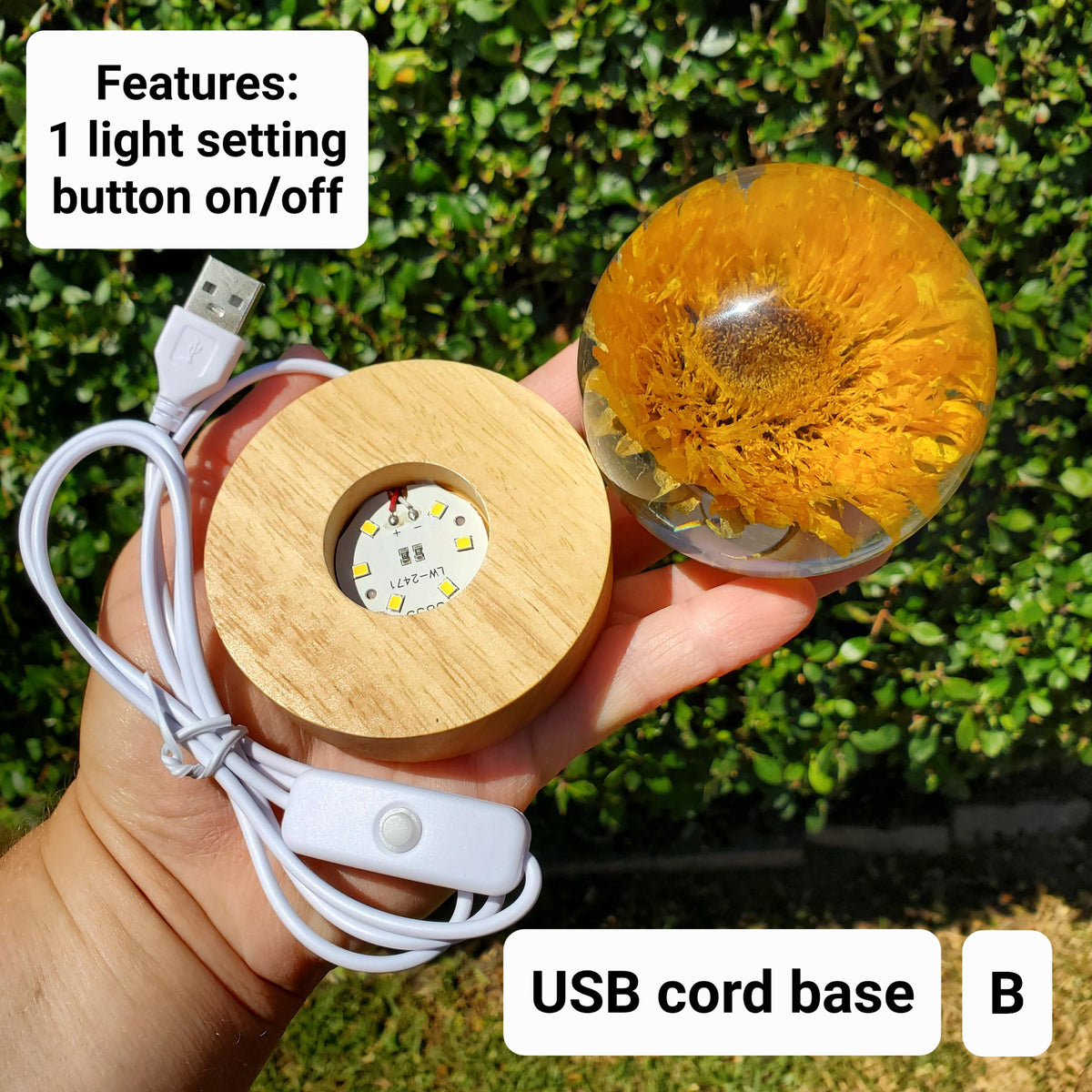 Sunflower Accent Light with Wooden Stand | Handmade Resin Craft with Real Sunflower Inside - Home Décor Night Light, Accent Lamp, Mood Light