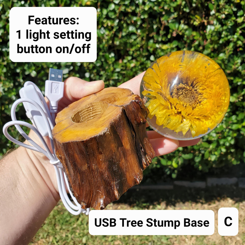 Sunflower Accent Light with Wooden Stand | Handmade Resin Craft with Real Sunflower Inside - Home Décor Night Light, Accent Lamp, Mood Light