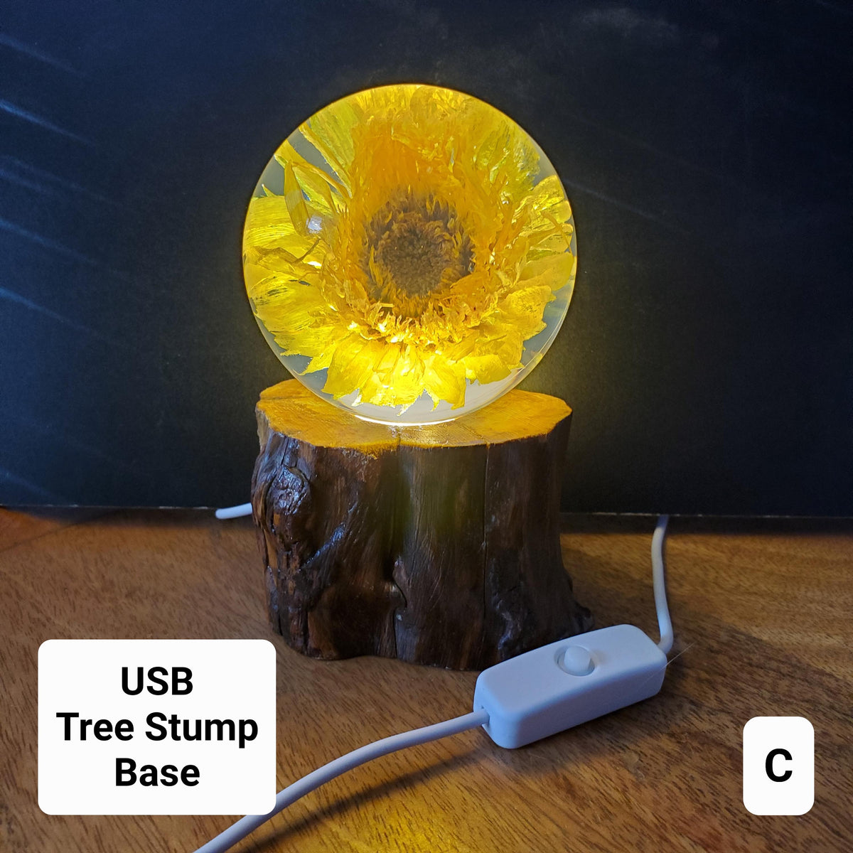 Sunflower Accent Light with Wooden Stand | Handmade Resin Craft with Real Sunflower Inside - Home Décor Night Light, Accent Lamp, Mood Light