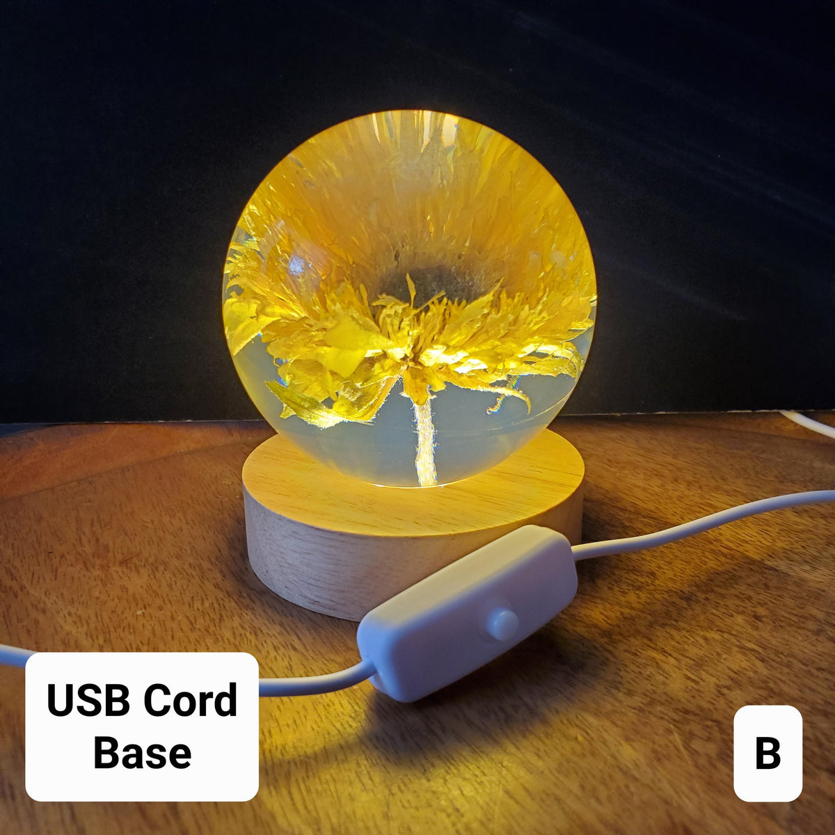 Sunflower Accent Light with Wooden Stand | Handmade Resin Craft with Real Sunflower Inside - Home Décor Night Light, Accent Lamp, Mood Light