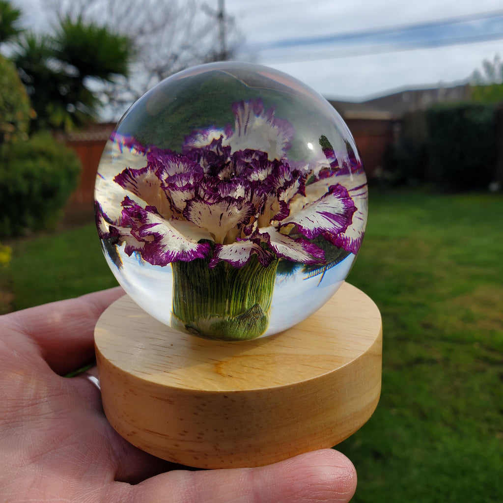 Purple Carnation Resin Sphere with Light Base | Handmade Resin Craft with Real Carnation Inside - Home Décor Night Light, Accent Lighting