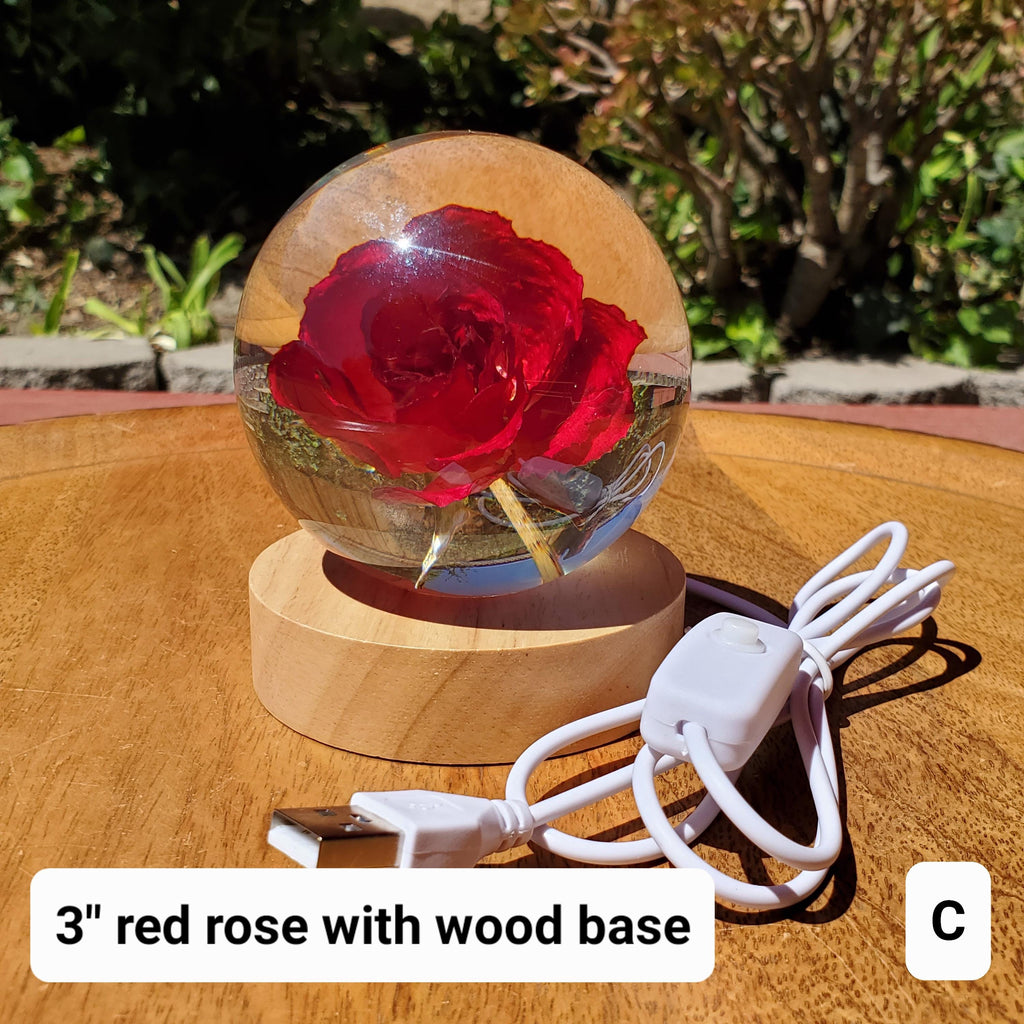 Rose Accent Light with Wooden Stand | Handmade Resin Craft with Real Rose Inside - Home Décor Night Light Beautiful Flower Gift Mood Lamp