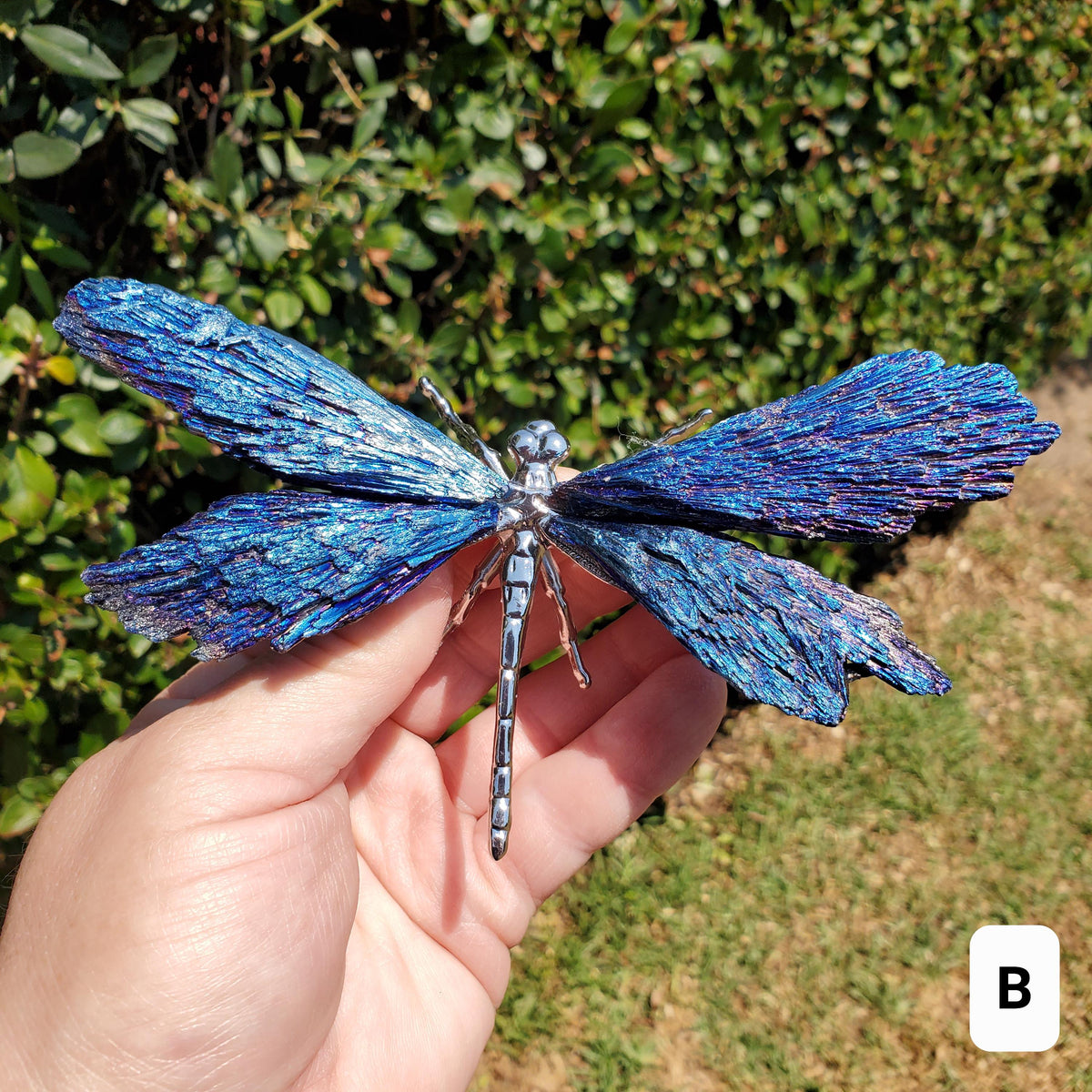 Aura Kyanite Dragonfly on Metal Body - Calming, Clarity, Connection, Communication, Balances Chakras - Kyanite Crystal Dragonfly Statement