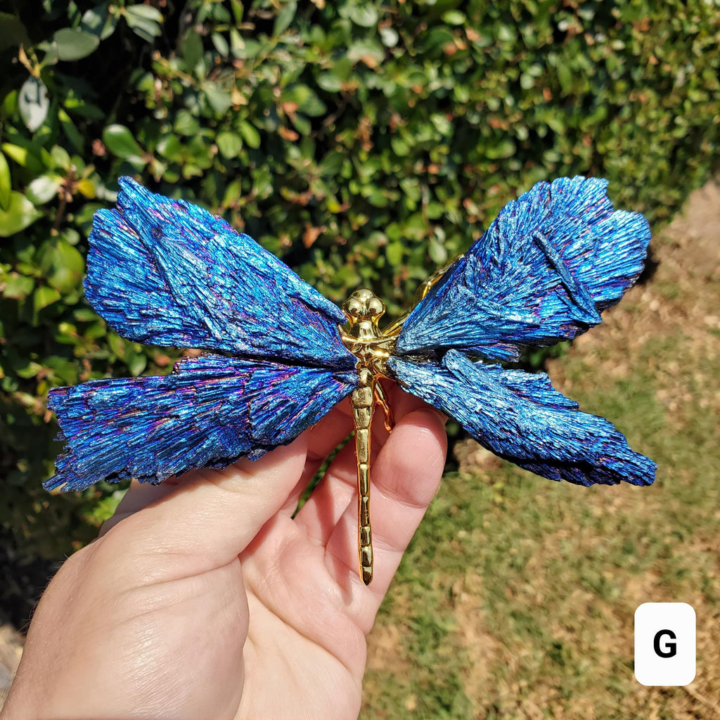 Aura Kyanite Dragonfly on Metal Body - Calming, Clarity, Connection, Communication, Balances Chakras - Kyanite Crystal Dragonfly Statement