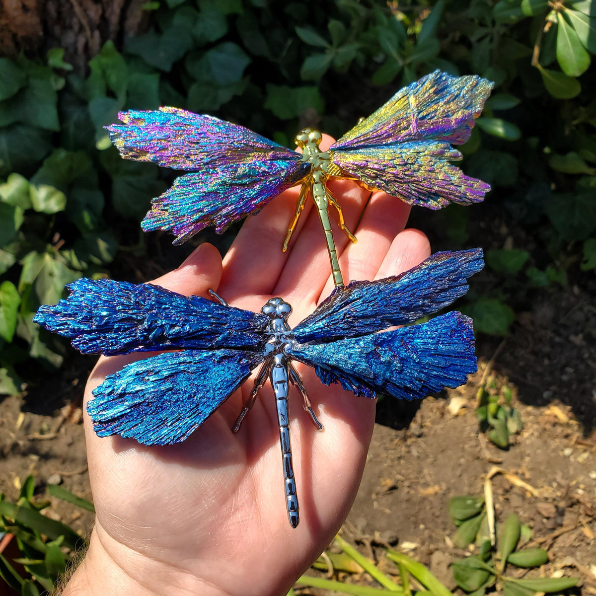 Aura Kyanite Dragonfly on Metal Body - Calming, Clarity, Connection, Communication, Balances Chakras - Kyanite Crystal Dragonfly Statement