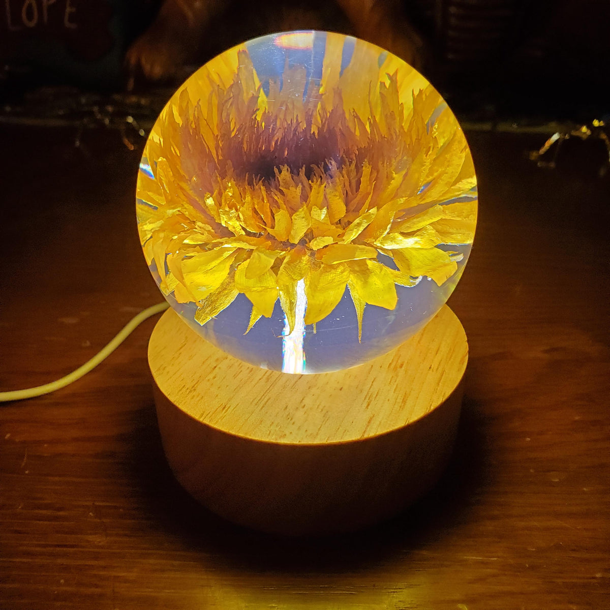 Sunflower Accent Light with Wooden Stand | Handmade Resin Craft with Real Sunflower Inside - Home Décor Night Light, Accent Lamp, Mood Light