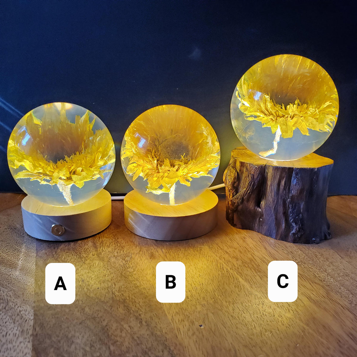 Sunflower Accent Light with Wooden Stand | Handmade Resin Craft with Real Sunflower Inside - Home Décor Night Light, Accent Lamp, Mood Light