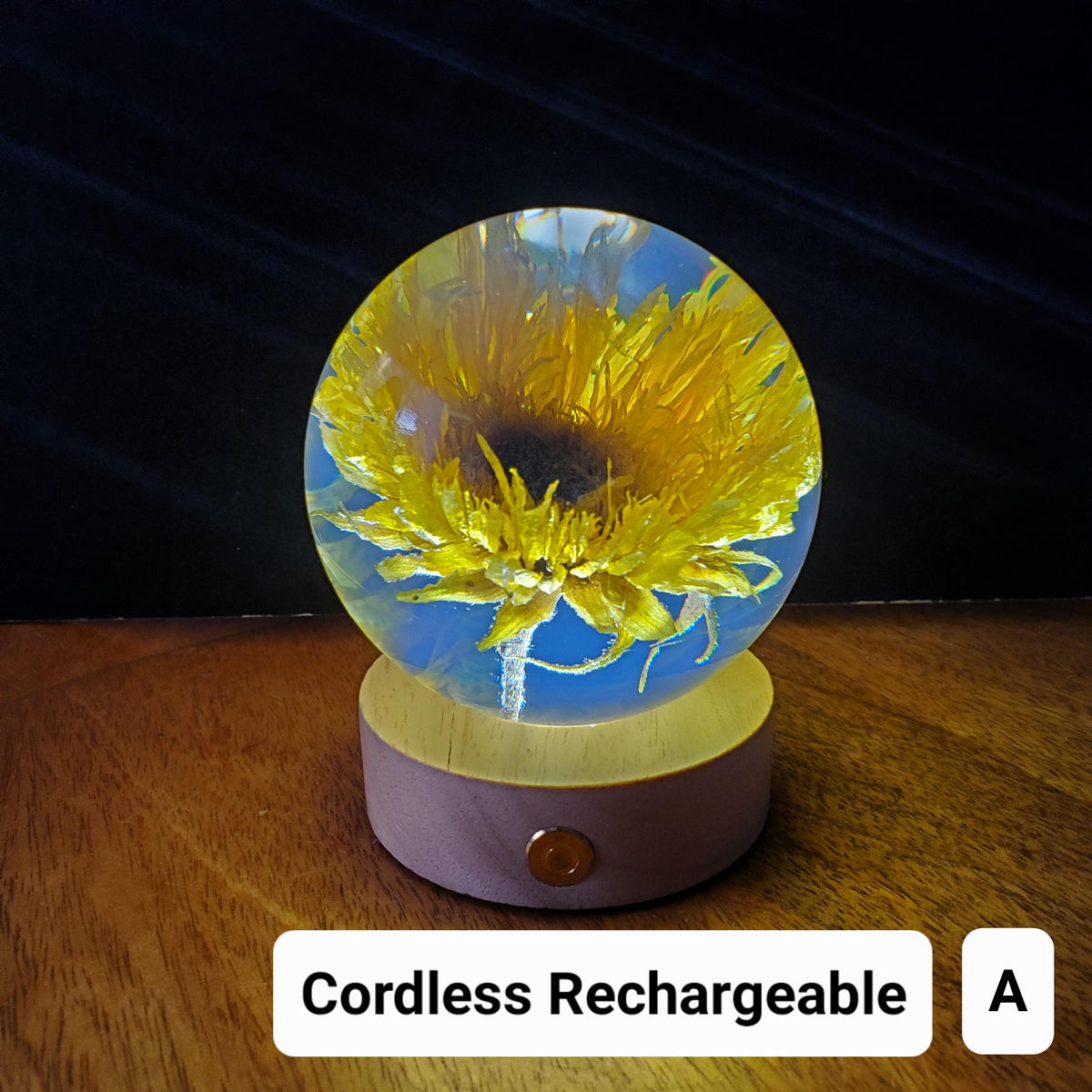 Sunflower Accent Light with Wooden Stand | Handmade Resin Craft with Real Sunflower Inside - Home Décor Night Light, Accent Lamp, Mood Light