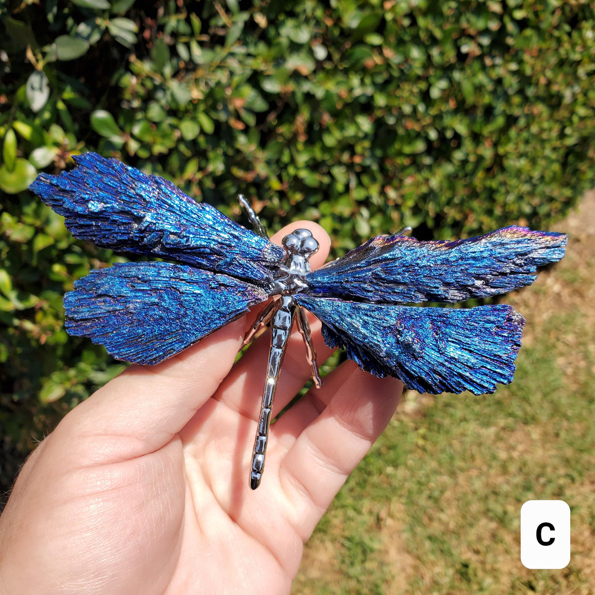 Aura Kyanite Dragonfly on Metal Body - Calming, Clarity, Connection, Communication, Balances Chakras - Kyanite Crystal Dragonfly Statement