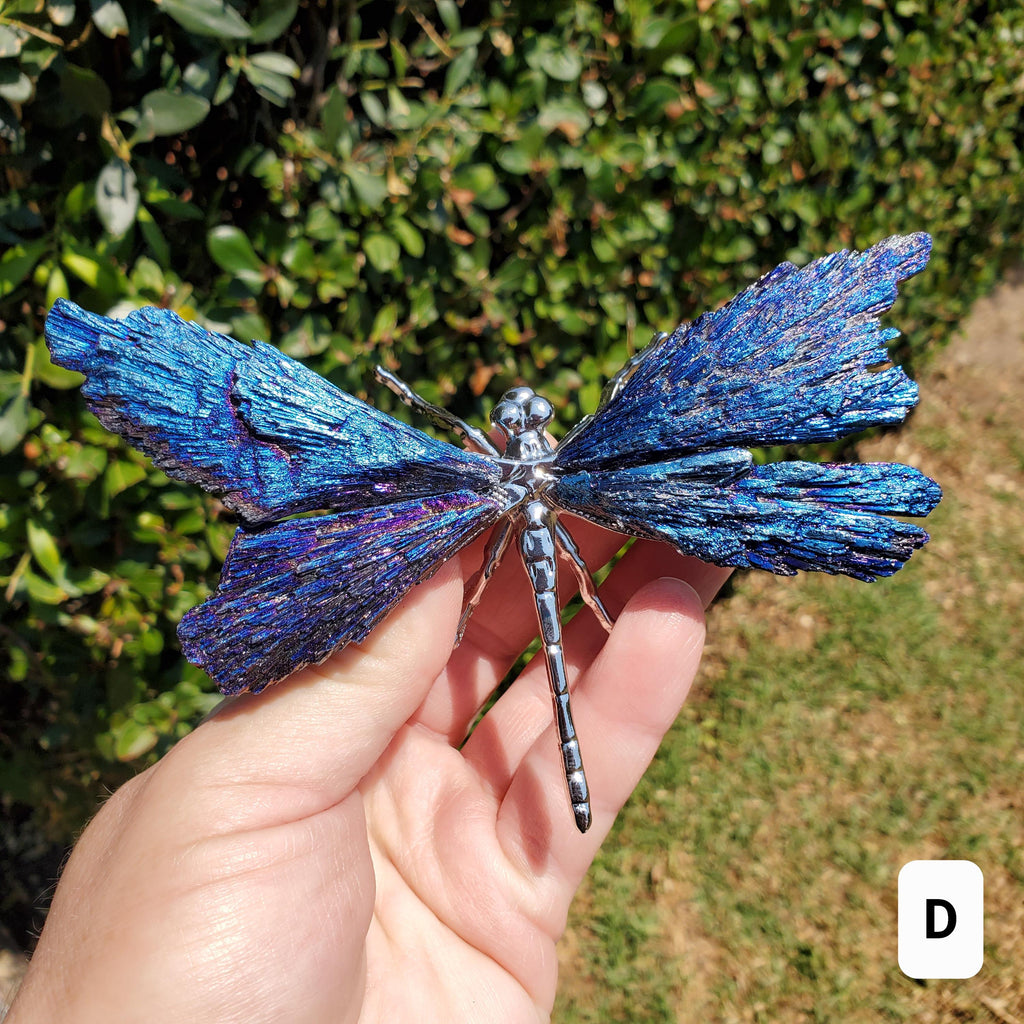 Aura Kyanite Dragonfly on Metal Body - Calming, Clarity, Connection, Communication, Balances Chakras - Kyanite Crystal Dragonfly Statement