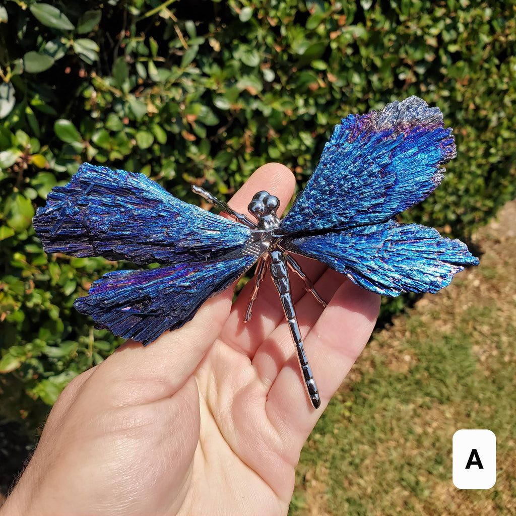 Aura Kyanite Dragonfly on Metal Body - Calming, Clarity, Connection, Communication, Balances Chakras - Kyanite Crystal Dragonfly Statement