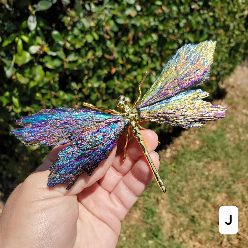 Aura Kyanite Dragonfly on Metal Body - Calming, Clarity, Connection, Communication, Balances Chakras - Kyanite Crystal Dragonfly Statement